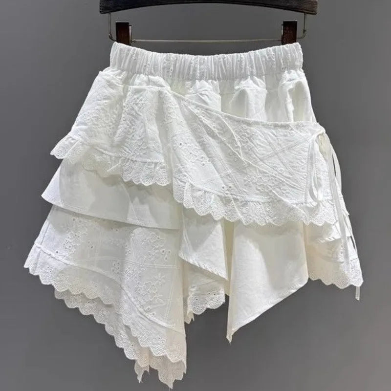 Summer 2025 White Asymmetrical Lace Skirt Women Casual Sweet High Waist A-Line Mini Skirt Elegant Fashion Floral Cake Skirt New