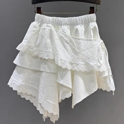 Summer 2025 White Asymmetrical Lace Skirt Women Casual Sweet High Waist A-Line Mini Skirt Elegant Fashion Floral Cake Skirt New