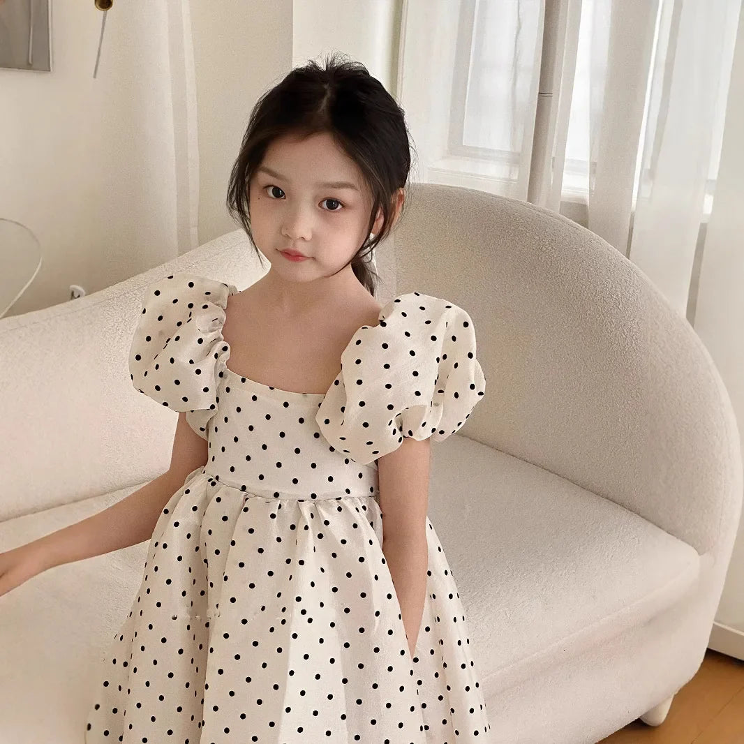 Girls Polka Dot Party Dress Summer Bubble Sleeves Princess Gown Understated Elegance Korean Japanese Style 2-7 Years