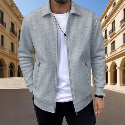 Men's Slim-fit Cardigan Solid-color Lapel Waffle Texture Zipper Pocket Casual Spring/Autumn 2025 Fashion