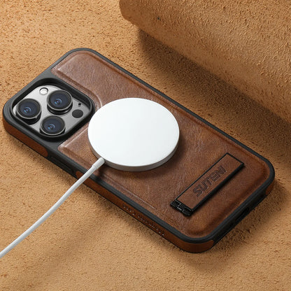 For iPhone 15 14 13 12 Pro Max Leather Case, [Compatible with Mag-safe] Built-in Invisible Stand Protective Slim Kickstand Cover