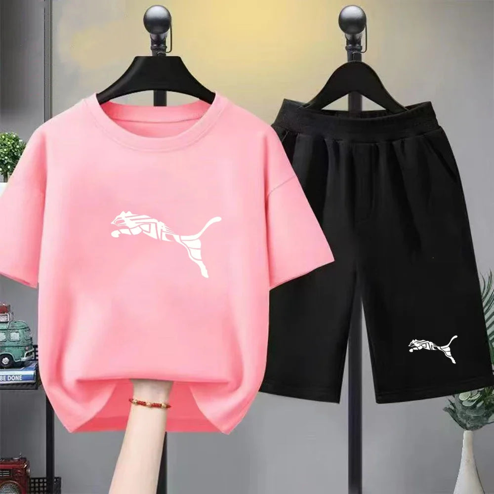 Kids White T-shirt+Shorts Two-Piece Set Print Boys Girls Toddler3-12Yrs Sports Casual Brand Clothes 2026 Summer
