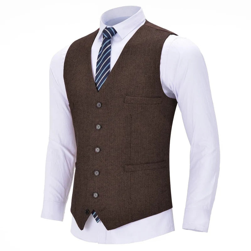 Men Vest Red Solid V Neck Herringbone Waistcoat For Wedding Business Birthday Banquet Work Set Men Suit Vest