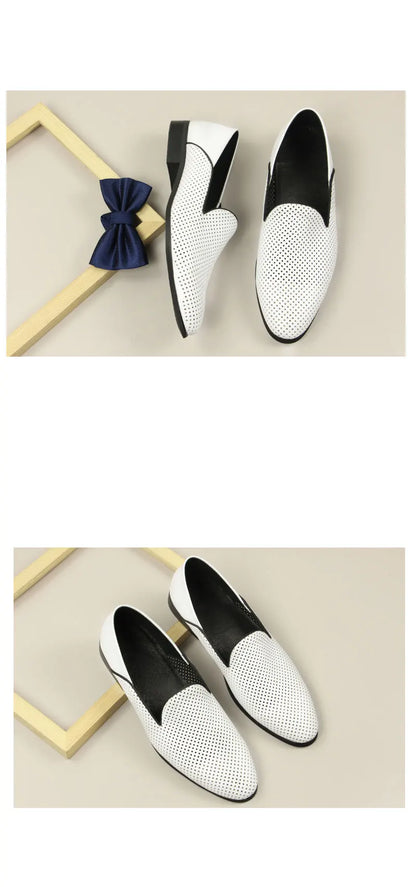 New Loafers White Men's Shoes Summer Casual Shoes for Men Genuine Leather Breathable Hollow Soft Hand Sewing Luxury Fashion Shoe