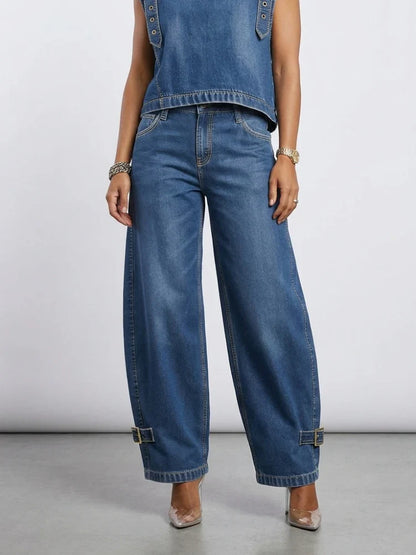 Missuoo 2026 New American Retro Women's Jeans Blue High Waist Curved Wide Leg Denim Trousers with Buckles for Street Style
