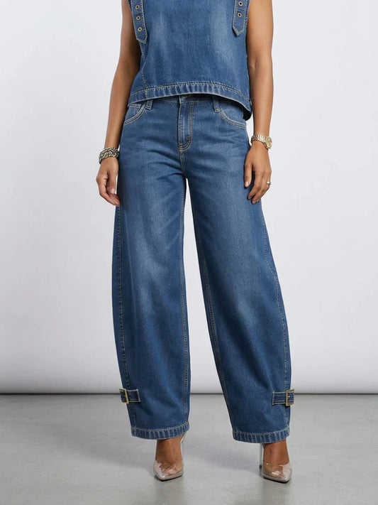 Missuoo 2026 New American Retro Women's Jeans Blue High Waist Curved Wide Leg Denim Trousers with Buckles for Street Style