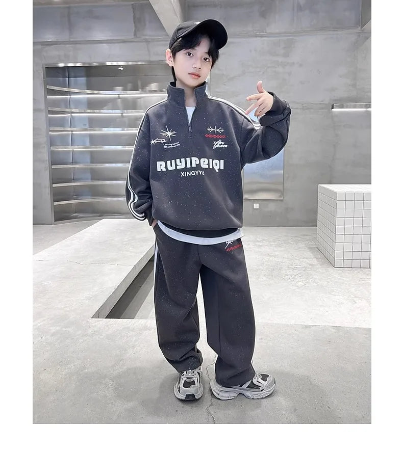 Spring Autumn Boys Striped Half Zip Sweatshirt+Sweatpant Workout Sets School Kids Tracksuit Children Outfit Jogging Suit 5-16 Yr