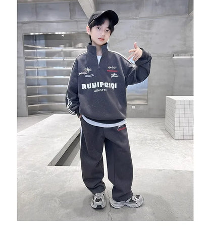 Spring Autumn Boys Striped Half Zip Sweatshirt+Sweatpant Workout Sets School Kids Tracksuit Children Outfit Jogging Suit 5-16 Yr