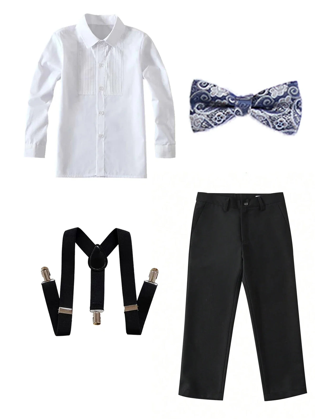 4pcs/set Boys' Suit Set With  Shirt , Pants  Tie And Straps School Uniforms