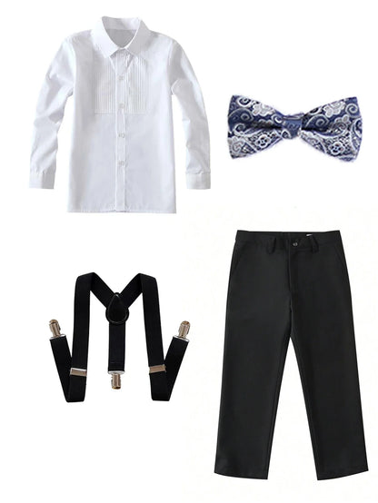 4pcs/set Boys' Suit Set With  Shirt , Pants  Tie And Straps School Uniforms