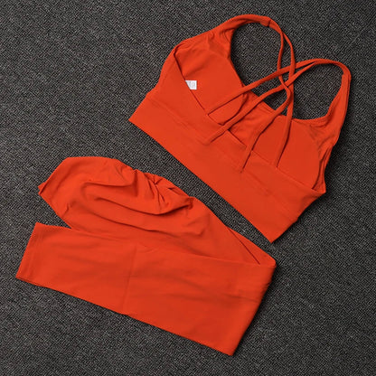 TRY TO BN Women's Tracksuit Sports Bra Fitness Yoga Set V Back Leggings High Waist Sportswear Workout Sets Cycling Gym Clothing