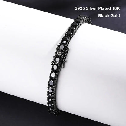 Full 3/4/5/6.5mm Black Moissanite Tennis Bracelet for Men Women Unisex 925 Silver Plated 18K Black Gold Hip Hop Bracelets