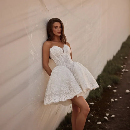 Short Wedding Dress Ivory Lace Applique Mini Bridal Gown A Line Robe De Mariee Beach Elopement Party Bride Dresses Customized