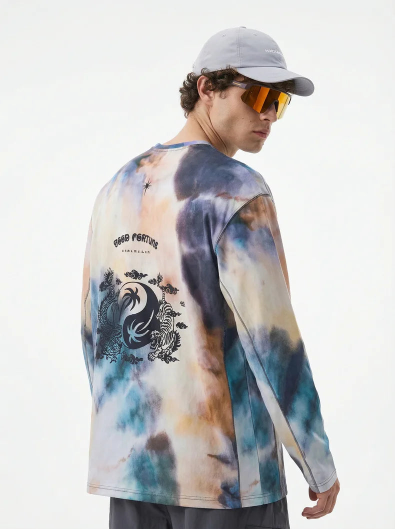 Men's Long Sleeve Sports T-Shirt Quick Dry Stretch Athletic Base Layer Ink Digital Printing Workout Running Top Unisex