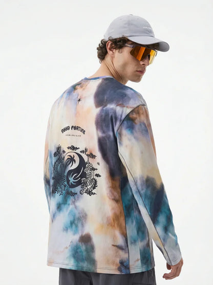 Men's Long Sleeve Sports T-Shirt Quick Dry Stretch Athletic Base Layer Ink Digital Printing Workout Running Top Unisex