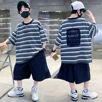 2026 Children Summer Clothes Set for Teen Boy Cotton Striped T-Shirt Shorts Two Pieces Outfit Suit Kids Clothing 5 7 9 11 13 14Y