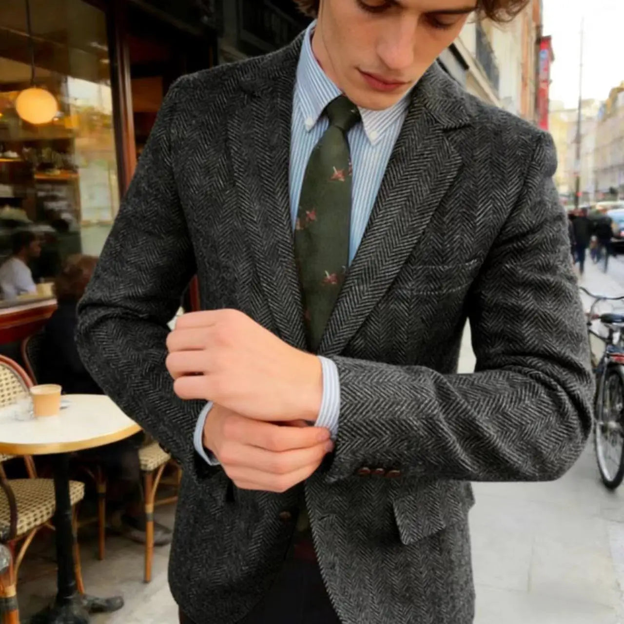 Men's Grey Herringbone Tweed Blazer Classic-Fit Notched Lapel Casual Jacket Slim Fit Business Wedding Suit Coat Plus Size