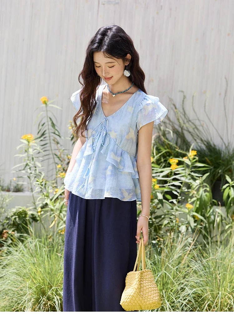 Blue Double-layer Ruffled Linen V-neck Blouse for Women Summer 2025 Slim Flying Sleeve Breathable Lace-up Tops MXE33X1819