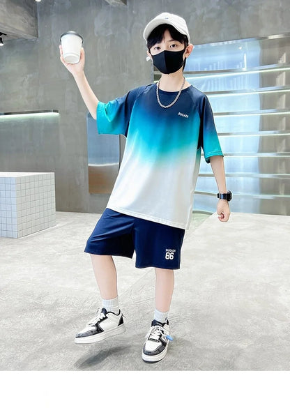 Summer Boys Gradient Quick-dry T-Shirt Top+Shorts Pant Sportswear Set School Kids 2PCS Tracksuit Children Jersey Outfit 5-16 Yr