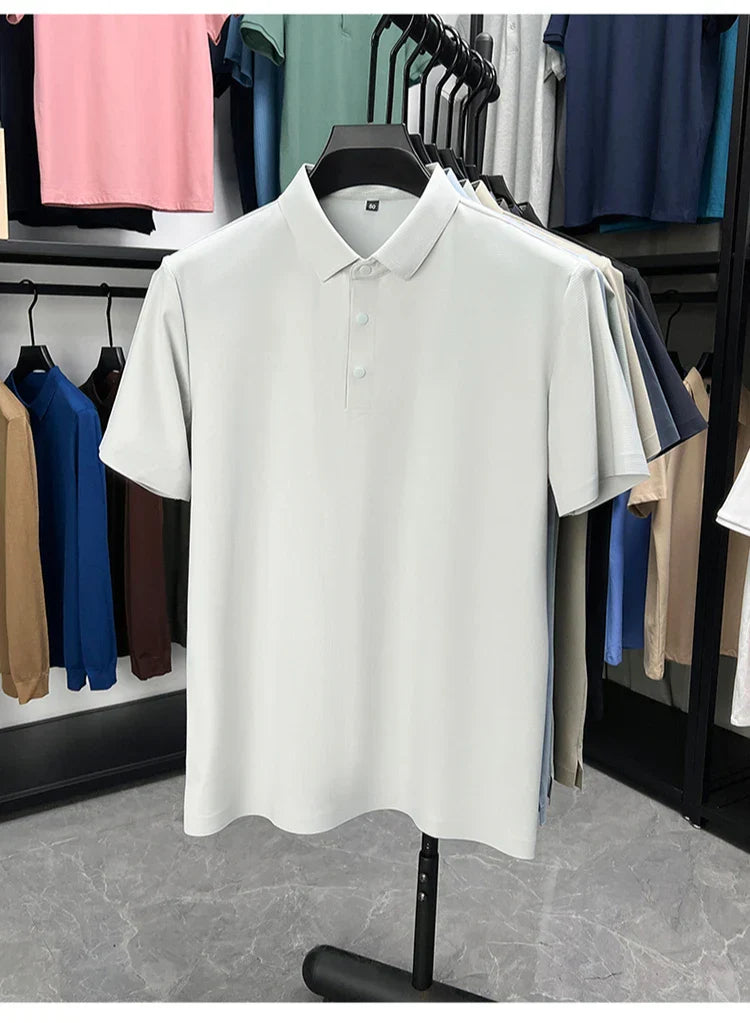 Summer Short Sleeve T-Shirt - Premium Jacquard Spandex, 7A Antibacterial, Seamless, Contrast Color, Split Hem, Wrinkle-Free Polo