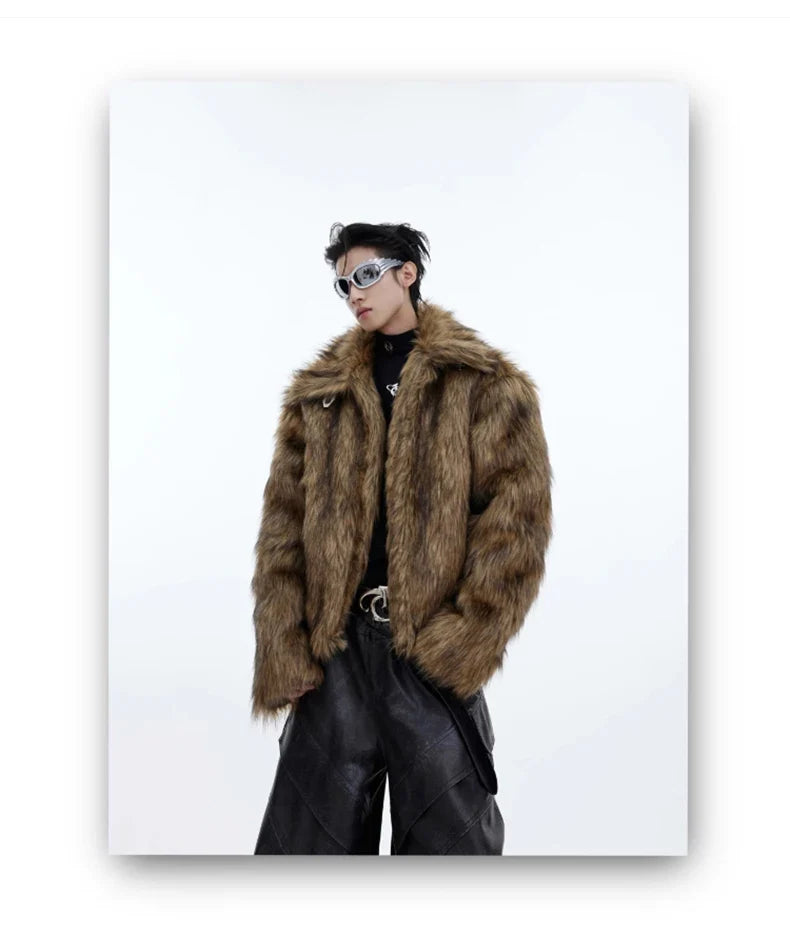Winter Short Thick Warm Brown Hairy Soft Faux Fur Coat Men with Turn-down Collar Long Sleeve Fluffy Jackets 2024