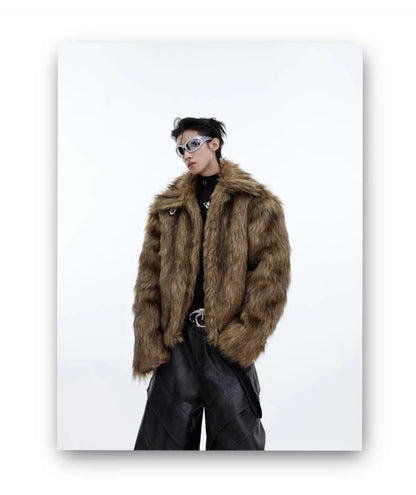 Winter Short Thick Warm Brown Hairy Soft Faux Fur Coat Men with Turn-down Collar Long Sleeve Fluffy Jackets 2024