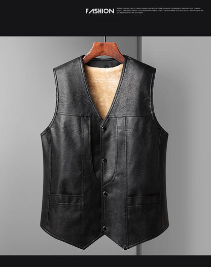 2024 Winter Men Thick Warm Fleece Leather Vest Coat  Male V-Neck Single Breasted Vest Casual Male Clothing Outerwear