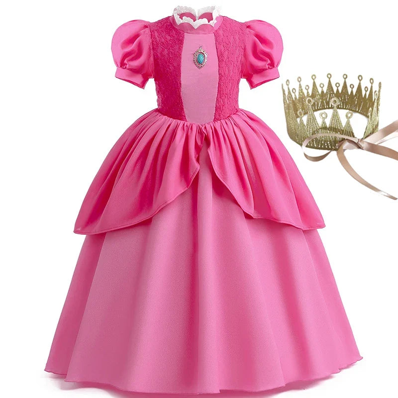 Princess Peach Chiffon Lace Girls Cosplay Dress Baby Kids Vestidos Party Dresses Carnival Halloween Costume for 3-11 years