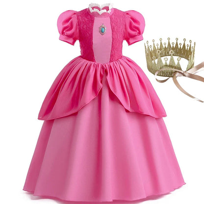 Princess Peach Chiffon Lace Girls Cosplay Dress Baby Kids Vestidos Party Dresses Carnival Halloween Costume for 3-11 years