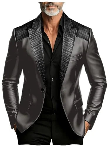 Men's Faux Suede Jacket with PU Leather Collar & Shoulder Two-Tone Blazer Contrast Trim Coat