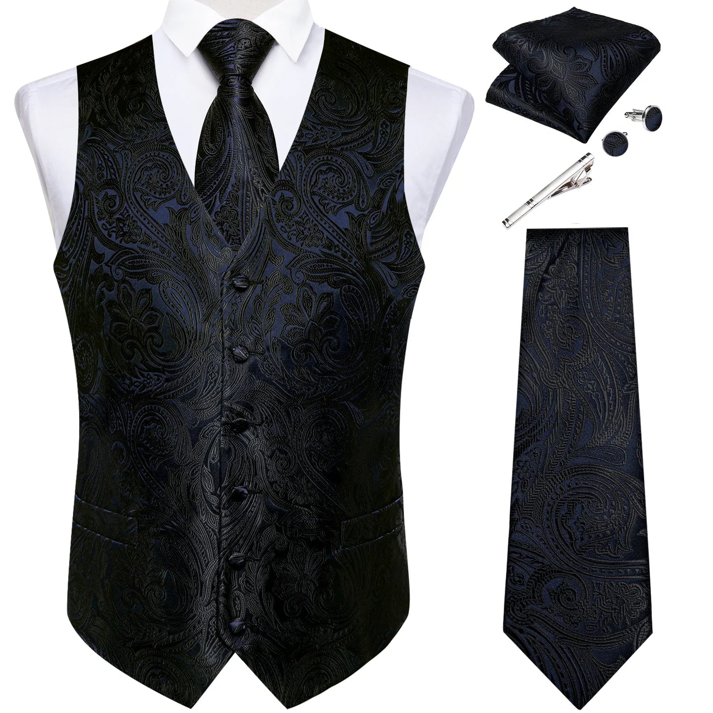 Suit Vest for Men Black Solid Paisley Wedding Prom Groom Jacquard Waistcoat with Necktie for Tuxedo Men Clothing