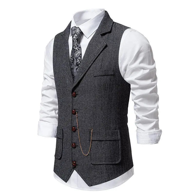 Man Suit Vest British Style Turn Down Collar Male Waistcoat Vintage Single-breasted Business Casual Men Coat Vest
