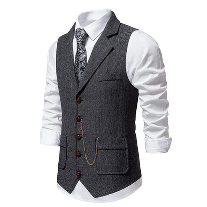 Man Suit Vest British Style Turn Down Collar Male Waistcoat Vintage Single-breasted Business Casual Men Coat Vest