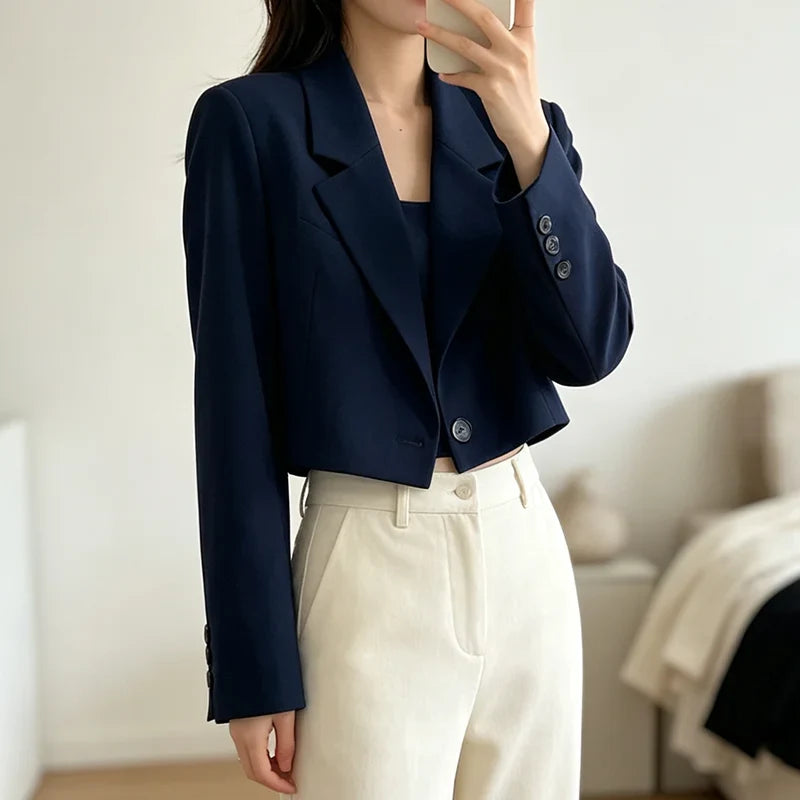 Autumn Solid Color Cropped Suit Jacket for Women Turn Down Collar Single Button Blazer Female Casual Office Lady Blazers Coat