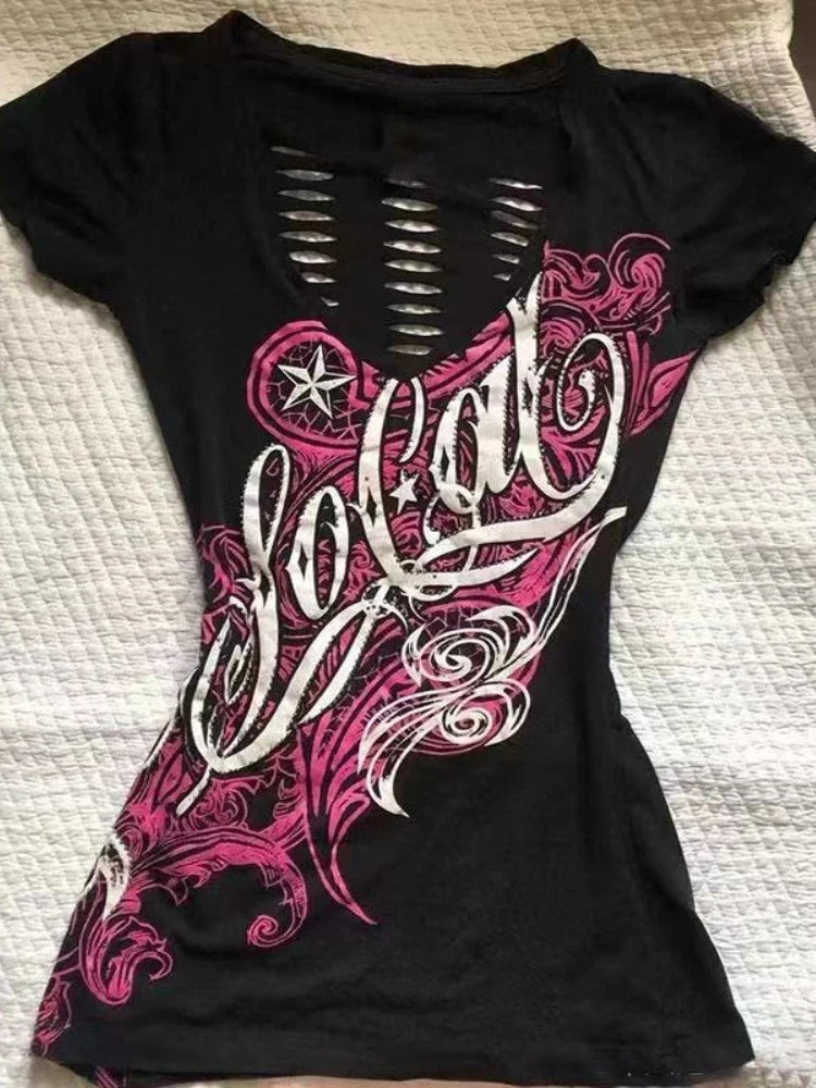 Summer Japanese Retro Hollow Out Design Clothing Women Y2k Tees Punk Slim Short Sleeve T-shirt Gothic Harajuku Zipper Tops New