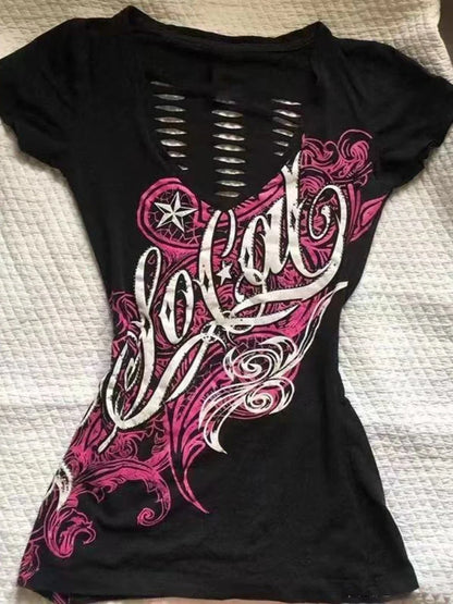 Summer Japanese Retro Hollow Out Design Clothing Women Y2k Tees Punk Slim Short Sleeve T-shirt Gothic Harajuku Zipper Tops New