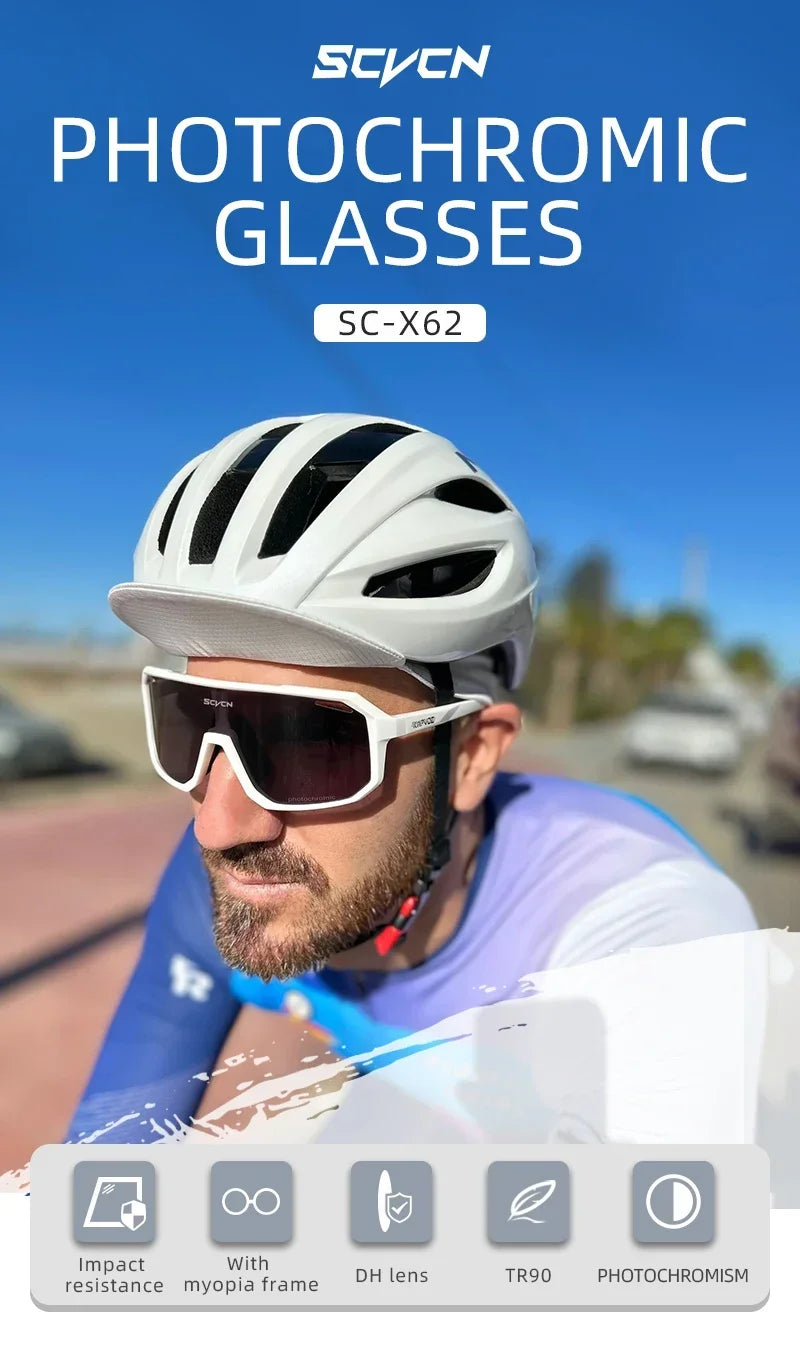 Scvcn New Men's UV400 Photochromic Cycling Sunglasses Women Sports Running Eyewear for Men Glasses Road Bike Bicycle Goggles