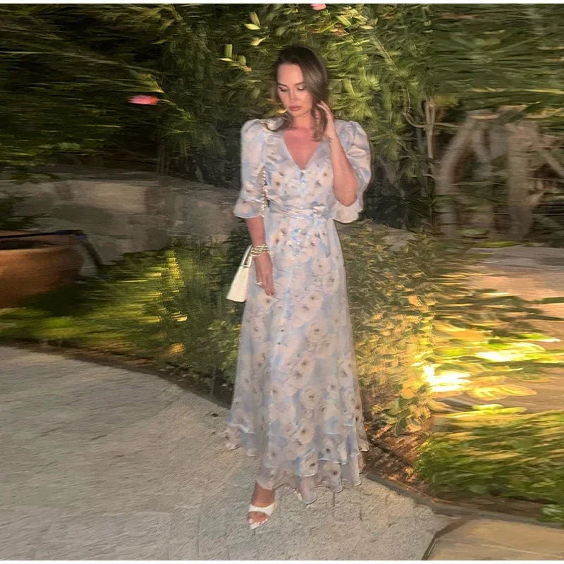 V-neck Organza Floral Chiffon Puff Sleeve Slit Long Dress Bodycon High Slit Bodycon Sexy Dresses Lady Chic Daily Sweet Date Robe