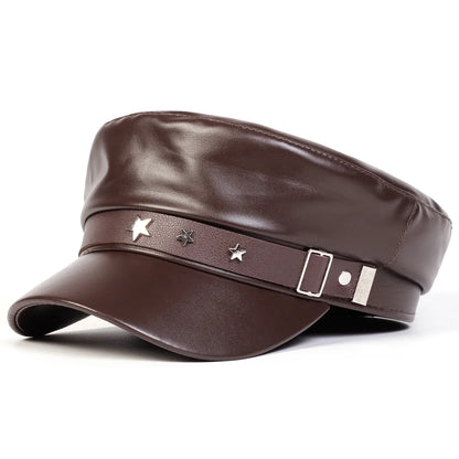 Fashion Women Large Belt Buckle Leather Hat Spring Autumn Sailor Hats Black Ladies Beret Caps Men Flat Top Captain Military Caps
