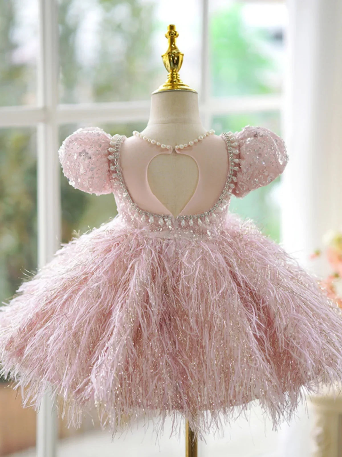 Fashion Baby Girl Princess Sequins Feather Dress Puffy Sleeve Toddler Child Pearl Vestido Party Birthday Baby Clothes 2-14Y