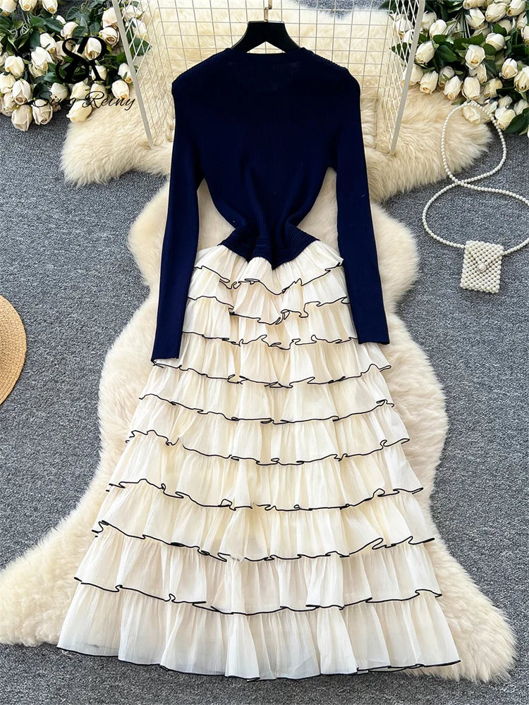 Autumn 3D Floral Spliced Long Dress 2025 Female O Neck Long Sleeves High Quality Slim Luxury Knitted Party Cake Dress