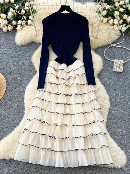 Autumn 3D Floral Spliced Long Dress 2025 Female O Neck Long Sleeves High Quality Slim Luxury Knitted Party Cake Dress
