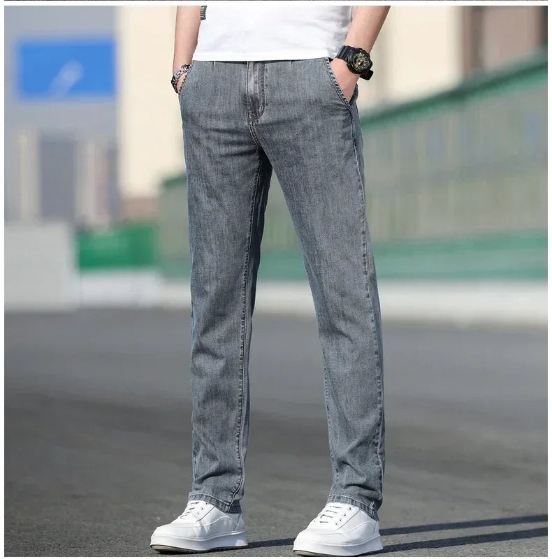 2025 Summer New Men's Loose Gray Jeans Fashion Casual Stretch Straight-leg Denim Pants Male Light Blue Men's Trousers