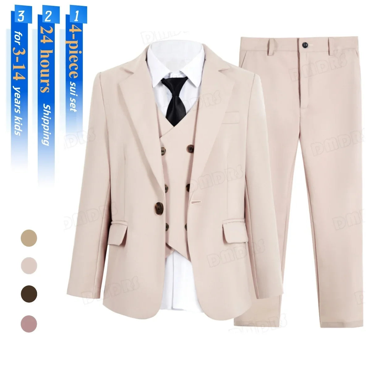 Kids Tuxedo Set 4PC | Jacket Vest Dress Pants Tie | Boys 3-14 | Pageant Party | Ships Today! Toddler to Youth 3-14 | Wedding