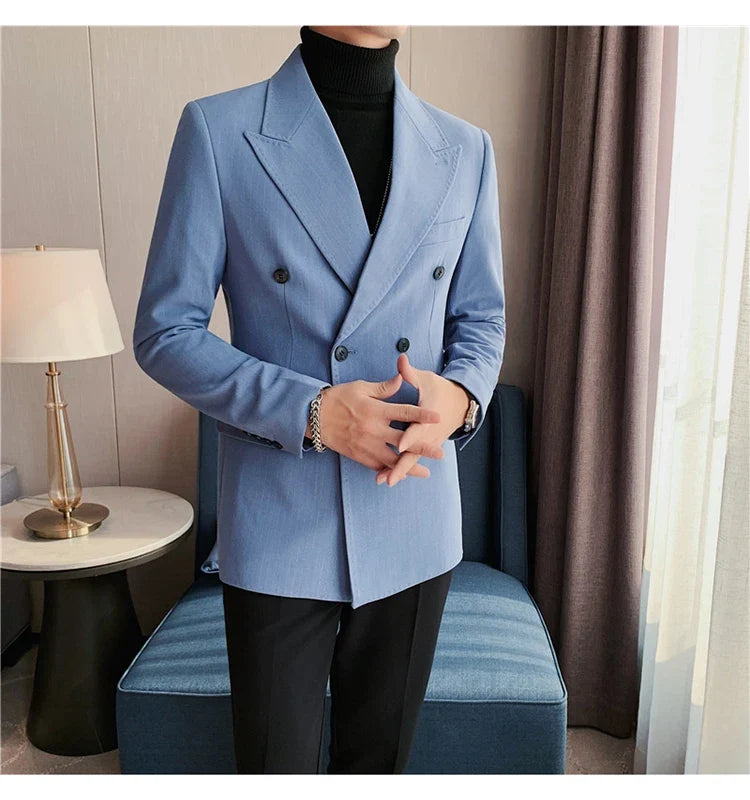 Classic Luxury Striped Men Suit Jacket Fashion Double Breasted Business Office Wedding Tuxedos Male High Quality Slim Fit Blazer