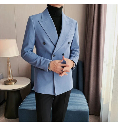 Classic Luxury Striped Men Suit Jacket Fashion Double Breasted Business Office Wedding Tuxedos Male High Quality Slim Fit Blazer