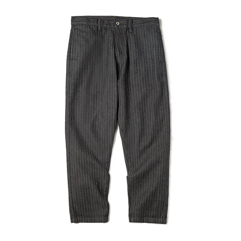 Men's Vintage 12.8oz Grey Striped Jeans Straight Zip Fly with Pockets Tapered Pants Versatile Herringbone Cotton Trousers