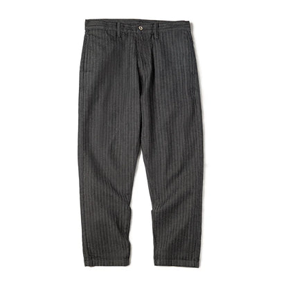 Men's Vintage 12.8oz Grey Striped Jeans Straight Zip Fly with Pockets Tapered Pants Versatile Herringbone Cotton Trousers