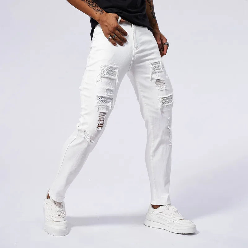 White Jeans Men's Cotton Skinny Elastic Ripped Hole Fashion Korean Denim Pants Rock Slim Trousers Hip-hop Streetwear
