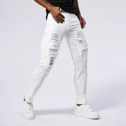 White Jeans Men's Cotton Skinny Elastic Ripped Hole Fashion Korean Denim Pants Rock Slim Trousers Hip-hop Streetwear